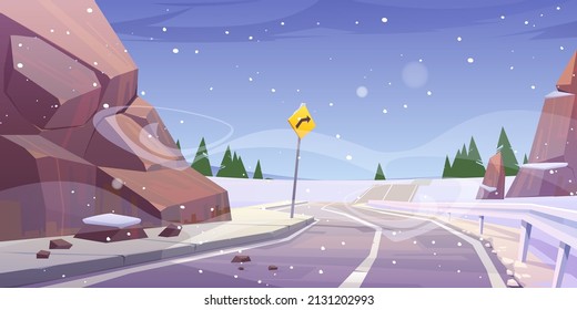 Winter mountain asphalt road with fencing and turn sign under falling snow. Curly empty highway and rocks at wintertime countryside landscape, Cartoon background with dull sky, vector illustration