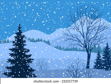 Winter mountain Christmas landscape with fir trees silhouette and snowflakes. Vector