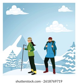 Winter mountain climbing sport. A pair of climbers walk through the snowy mountain area. Flat vector illustration.