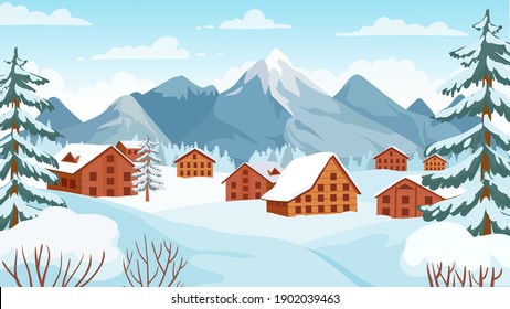 Winter mountain with cottages. Houses in snowy alpine peak for wintertime holidays vacation. Cartoon landscape of ski resort vector. Mountain cottage in snow alpine, winter holiday illustration