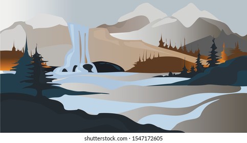 Winter mountain forest by the lake with a waterfall
