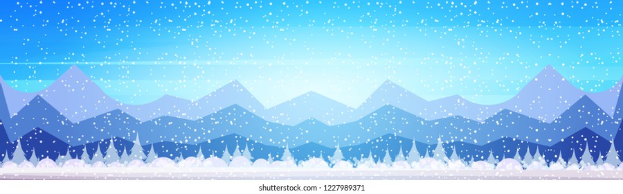 Winter mountain forest landscape background pine snow trees woods. flat horizontal banner vector illustration