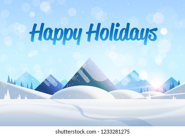 Winter mountain forest landscape background pine snow trees woods flat horizontal vector illustration