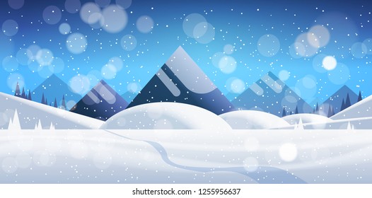 Winter mountain forest landscape background pine snow trees woods flat horizontal banner