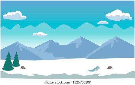 Winter Mountain Forest Landscape Background, Pine Snow Trees Woods Flat Vector Illustration