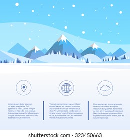 Winter Mountain Forest Landscape Background, Pine Snow Trees Woods Flat Vector Illustration