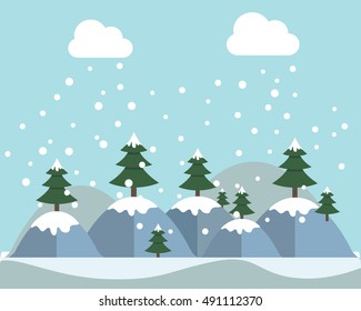 Winter Mountain Forest Landscape Background, Pine Snow Trees Woods Flat Vector Illustration.