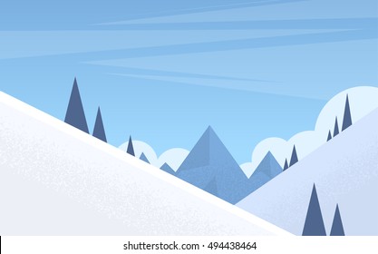 Winter Mountain Forest Landscape Background, Pine Snow Trees Woods Flat Vector Illustration