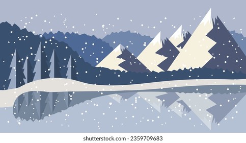 El paisaje de los bosques montañosos invernales. La belleza de lo salvaje. Banner, fondo, ilustración en estilo plano, vector