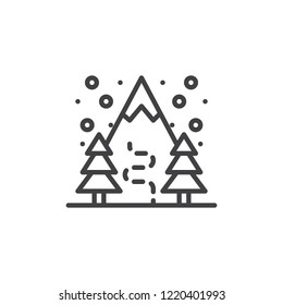 Winter mountain forest outline icon. linear style sign for mobile concept and web design. Snow mountain and trees simple line vector icon. Symbol, logo illustration. Pixel perfect vector graphics