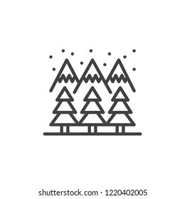 Winter mountain forest outline icon. linear style sign for mobile concept and web design. Snow mountain peaks and trees simple line vector icon. Symbol logo illustration. Pixel perfect vector graphics