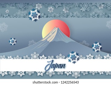  Winter Mountain Fuji Japan  with snowflake.vector paper art and digital craft style.