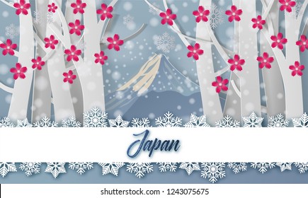 Winter Mountain Fuji Japan  with snowflake.vector paper art and digital craft style.