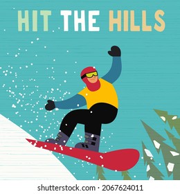 Winter mountain fun sport cute vector poster. Snowboarder on snowboard cartoon design element. Winter season outdoor activity background illustration. Winter holiday mountain extreme sport adventure