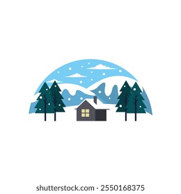 Winter Mountain, Home, And Tree landscape circle vector illustration template design, suitable for christmas
