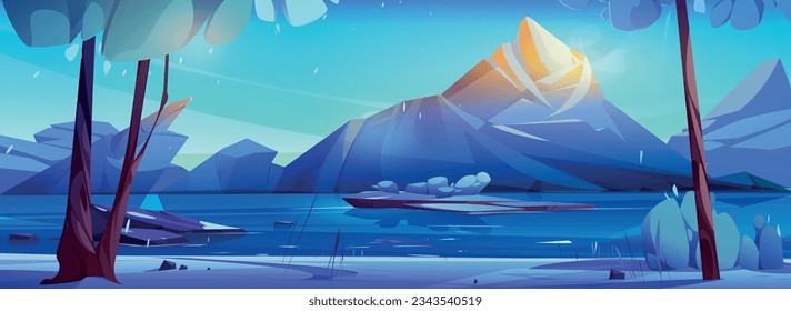 Winter mountain and ice lake in forest landscape background. Snowy cartoon environment with frozen river on north in morning. Sunrise sky on wilderness northern panorama. Fantasy alpine nature view
