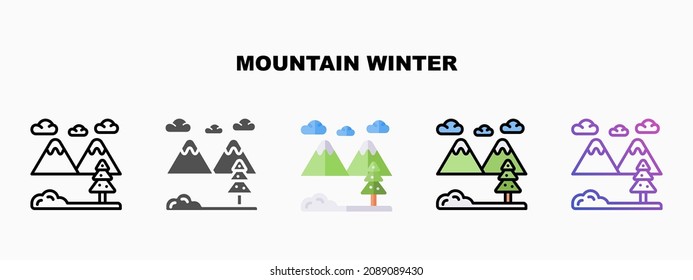 Winter Mountain icon set with different styles. Icons designed in outline, flat, glyph, line colored and gradient. Can be used for web, mobile, ui and more. Enjoy this icon for your project.