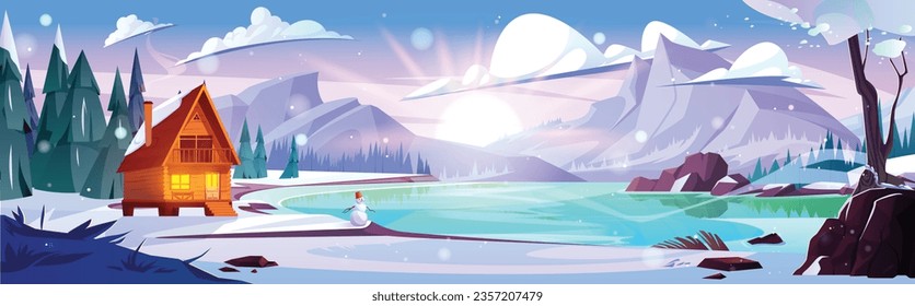 Winter mountain lake and forest house nature cartoon background. Cottage in beautiful snowy valley environment illustration. Pine tree and frozen pond ecosystem with timber hut game backdrop scene