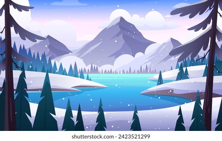 Winter mountain lake landscape. Vector horizontal illustration of winter cold nature with field, lake, river, forest, pine trees, mountains. Snowy hills and valley panorama. Outdoor holiday activity