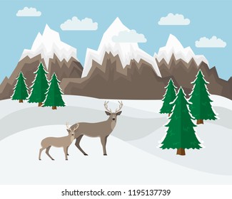 Winter mountain landscape background. Flat Vector Illustration witn deers.