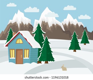 Winter mountain landscape background. Flat Vector Illustration. Country house witn fir-trees.