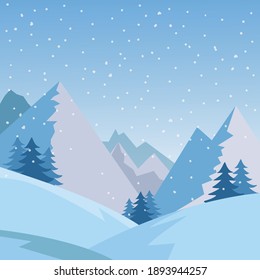 Winter mountain landscape background with forest and snow-covered field. Flat design. Vector illustration.