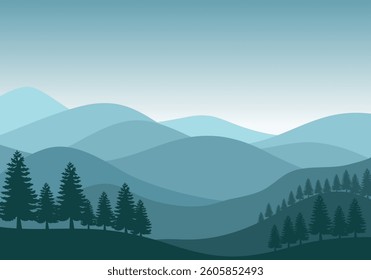 Winter mountain landscape background. Hills and trees vector illustration.