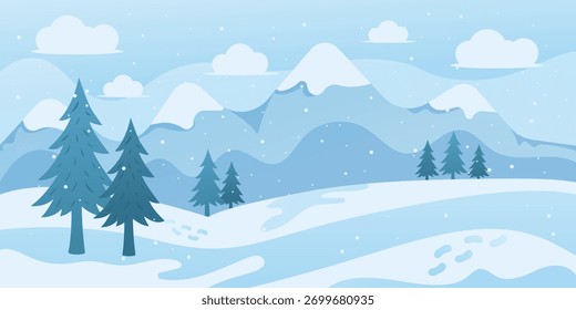 Winterliche Berglandschaft Hintergrund mit schneebedeckten Hügeln und Pinienwald. Vektorgrafik.