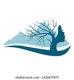 winter mountain landscape in behind tree with female face, vector