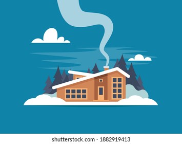 Winter mountain landscape with big house for tourists. Winter holidays in the mountains, ski resorts, house rentals. Vector flat illustration