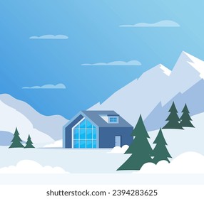 Winter mountain landscape with big house for tourists. Winter holidays in the mountains, ski resorts, house rentals. Vector flat illustration