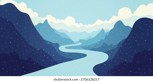 winter mountain landscape , blue river road, snow fall, vacation holiday background, travel poster, vector art