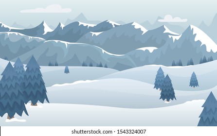 Winter mountain landscape in blue tones. Flat vector illustration.