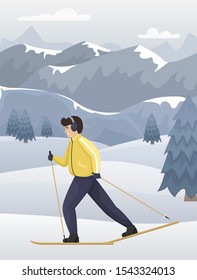Winter mountain landscape in blue tones. A man in winter clothes on cross-country skiing. Flat vector illustration.