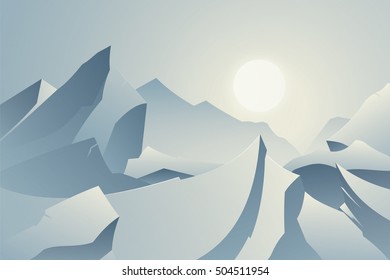 Winter Mountain Landscape Card. Cold Sunrise / Sunset On Vector Illustration