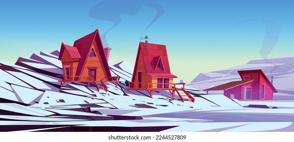 Winter mountain landscape with chalet houses, white snow, frozen lake. Small wooden cottages in alpine village or ski resort, vector cartoon illustration