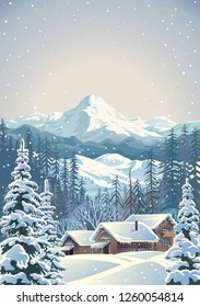 Winter mountain landscape in cloudy day with fir-trees in the foreground with houses similar to shelters for tourists. Vector illustration. 