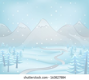 winter mountain landscape with conifer trees around path at snowfall vector illustration