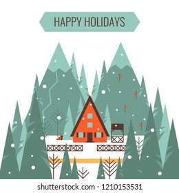 Winter mountain landscape with country house, mountains, forest, ski tracks. winter holiday vacation and skiing concept vector illustration.