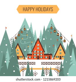 Winter mountain landscape with country house, mountains, forest, ski tracks. winter holiday vacation and skiing concept vector illustration.