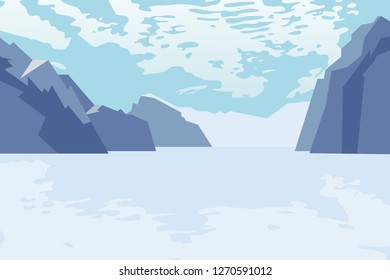 Winter mountain landscape. Early spring. Spring is coming. Glaciers, snow mountains, clouds. Winter spring background. Flat cartoon style design.1
