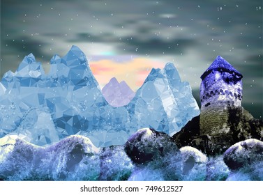 Winter mountain landscape with falling snow and castle. Blue, white and gray frozen panoramic landscape with tower and dramatic sky with clouds