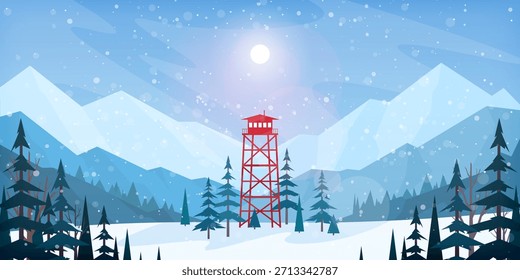 Eine winterliche Berglandschaft mit einem roten Wachturm, der sich über einem schneebedeckten Pinienwald erhebt, mit sanftem Schneefall, blauen Gipfeln und einem hellen Himmel, der eine ruhige, landschaftliche Atmosphäre schafft