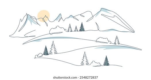 Paisagem de montanha de inverno com abetos. Ilustração em uma linha contínua com elementos coloridos. Desenho de mão minimalista. Neve nos picos. Esboço panorâmico de linha única. Vetor sobre fundo branco.