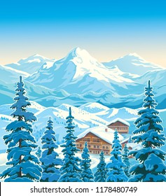 Winter mountain landscape with fir-trees in the foreground with houses similar to the hotels of the ski resort. Vector illustration.