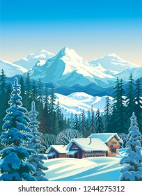 Winter mountain landscape with fir-trees in the foreground with houses similar to shelters for tourists. Vector illustration. 