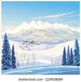 Winter mountain landscape with fir-trees in the foreground with houses - hotel of the ski resort. Vector illustration.