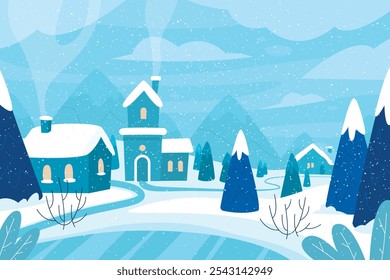 Winter mountain landscape with fir-trees in the foreground with countryside village houses - (or hotel of the ski resort). Vector illustration.