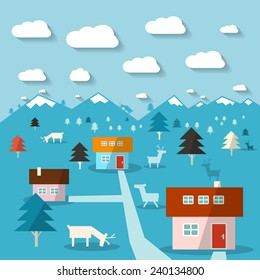 Ilustración de vectores de diseño plano de montaña de invierno
