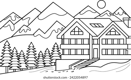 Winter Mountain landscape forest houses and village sky and clouds snow sports ski Holiday travel, National Park. Hand drawn, template vector illustration